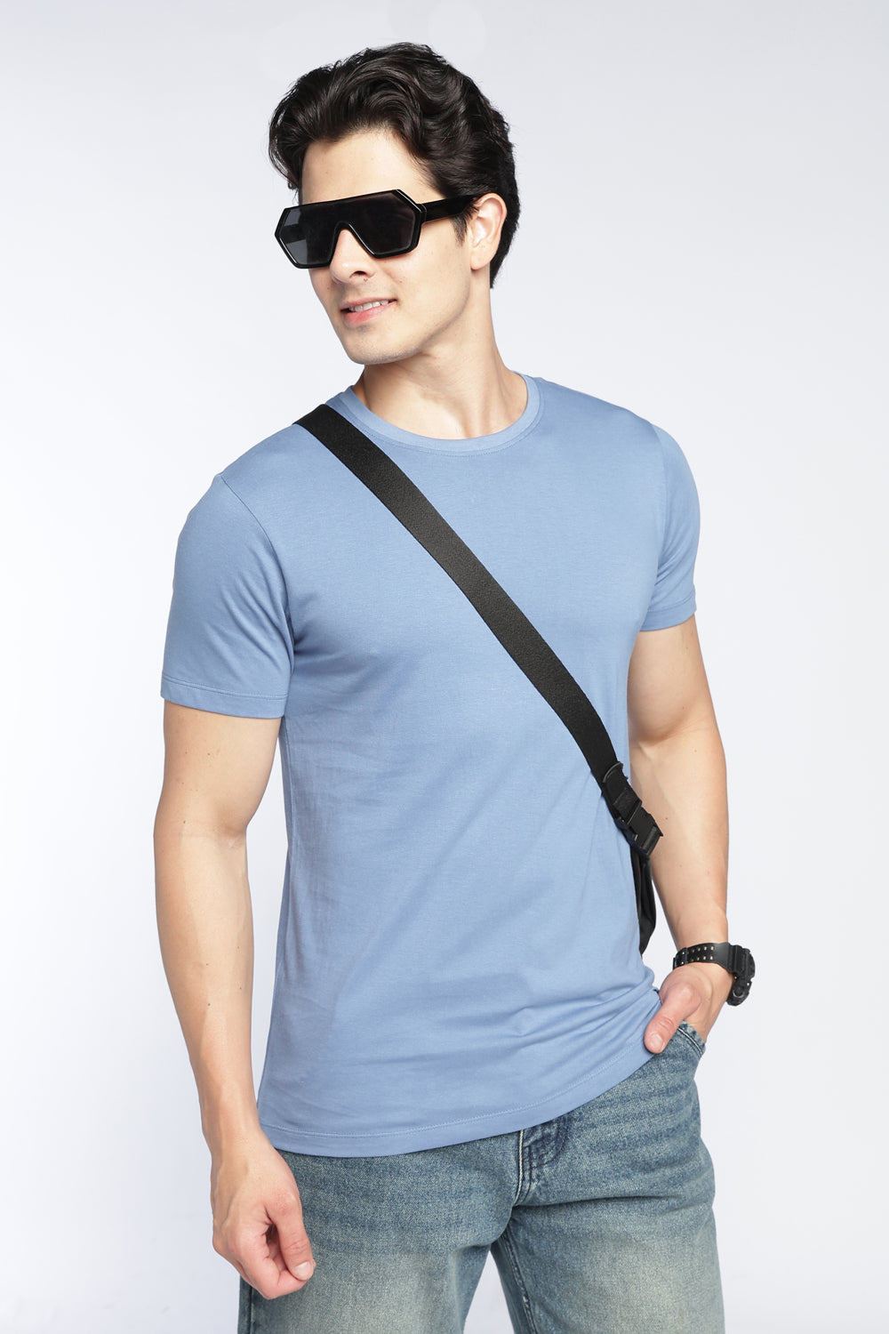 Light Blue Cotton Regular Fit T-Shirt For Men - Image 1