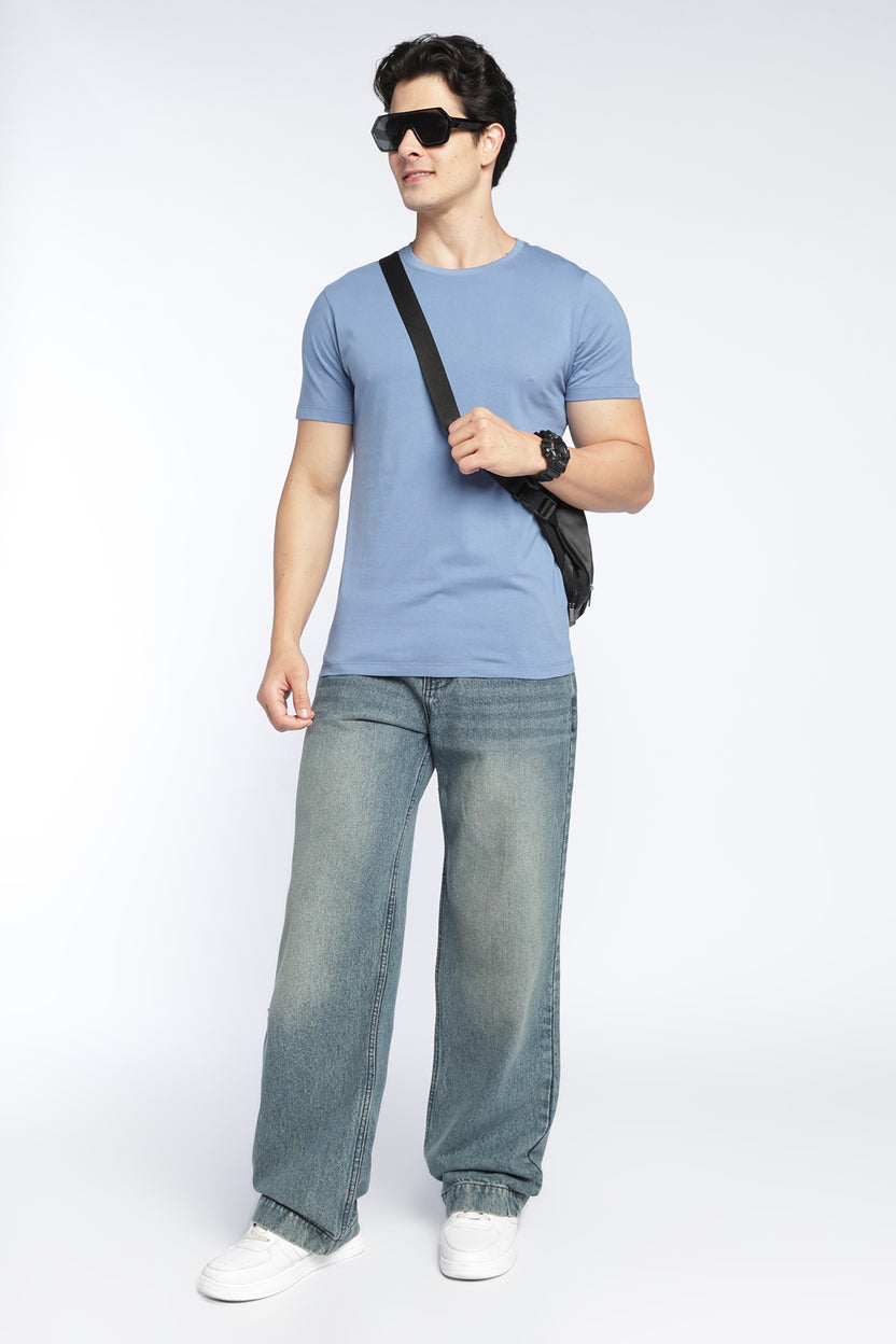 Light Blue Cotton Regular Fit T-Shirt For Men - Image 6