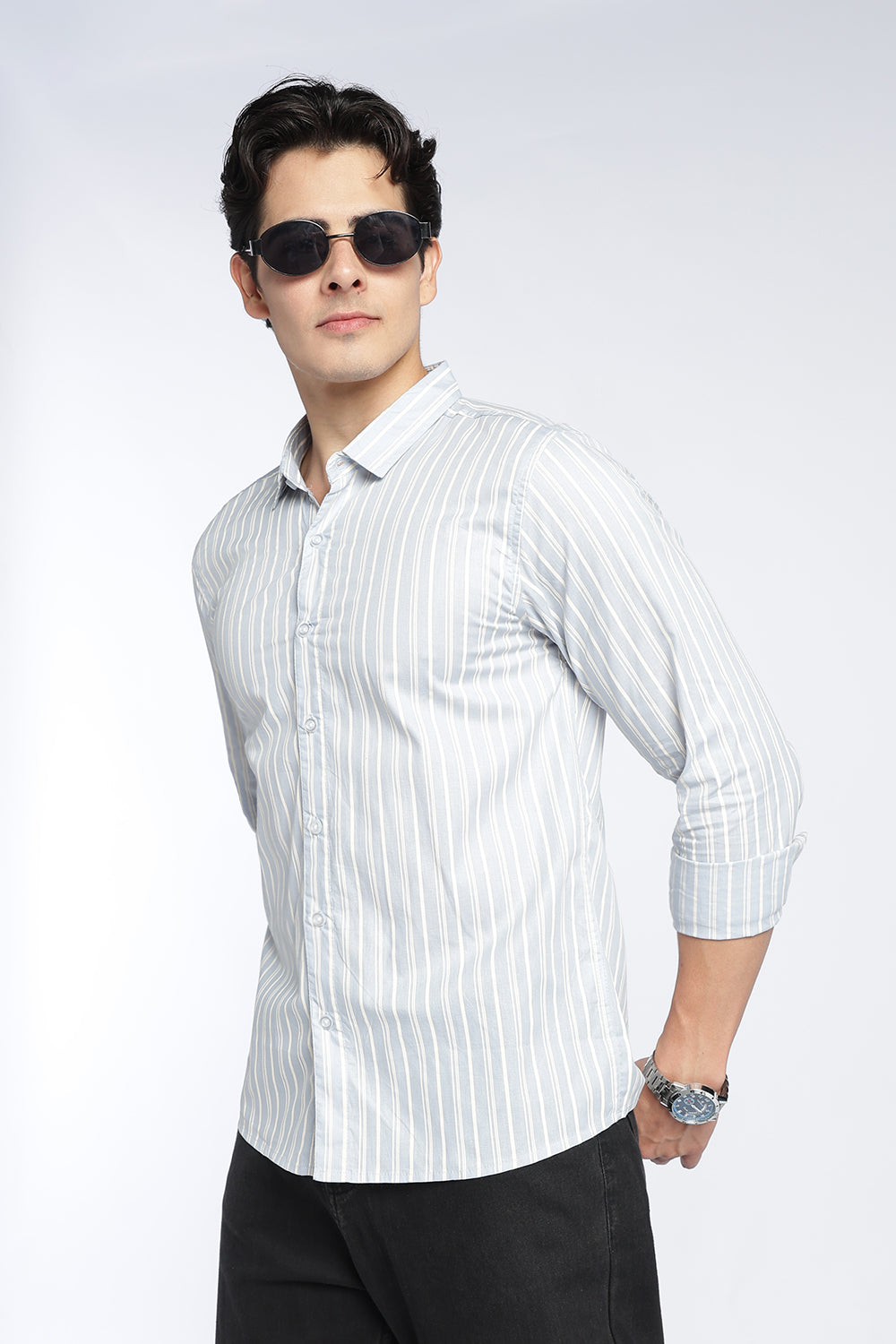 Light Blue Stripes Regular Fit Shirt For Men - Image 1