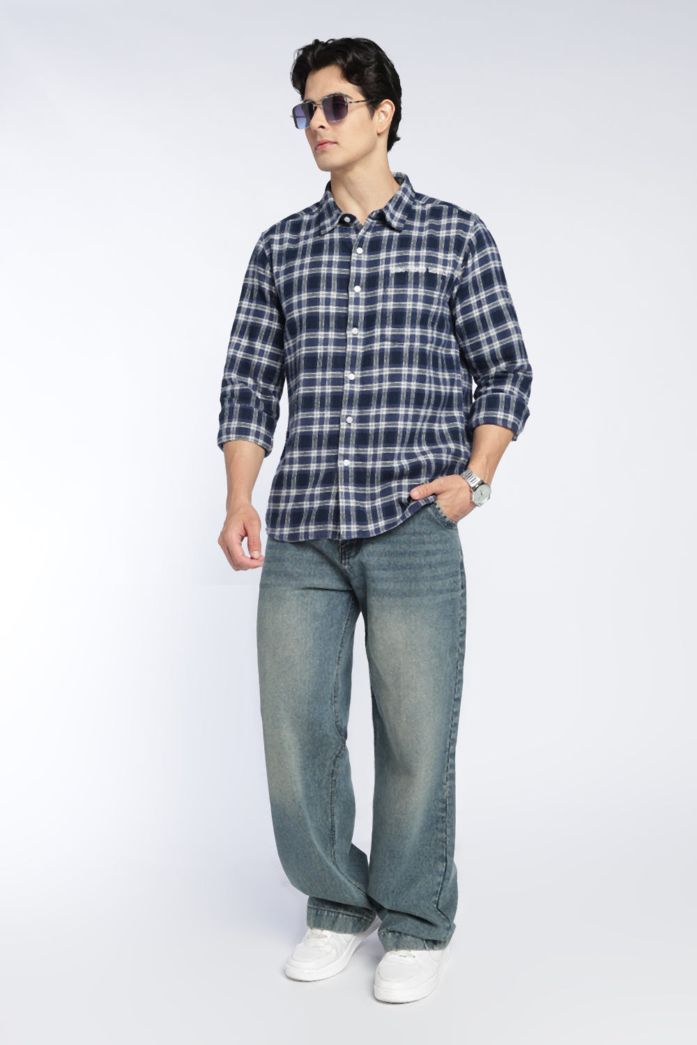 Navy Cotton Regular Fit Shirt For Men - Image 6