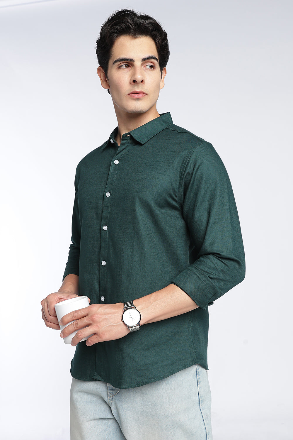 Dark Green Cotton Regular Fit Shirt For Men - Image 1