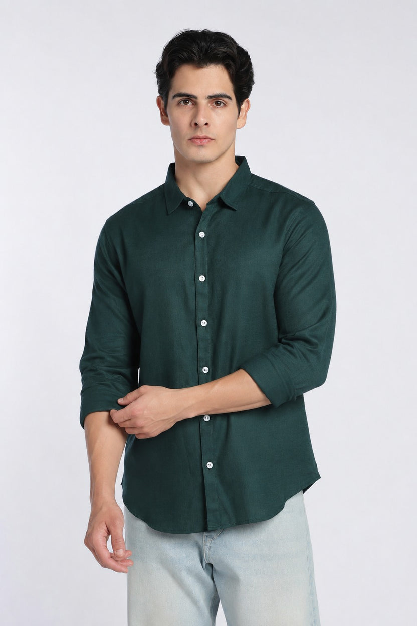 Dark Green Cotton Regular Fit Shirt For Men - Image 2