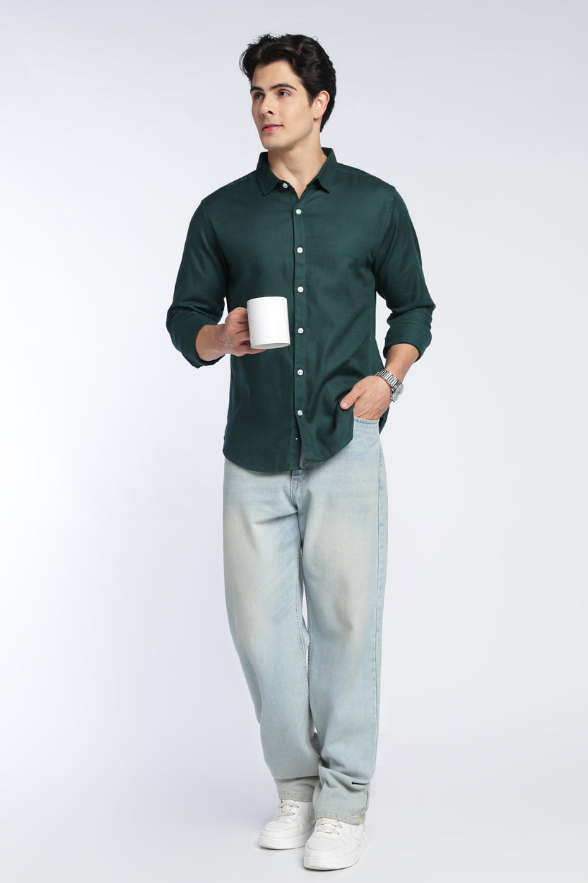 Dark Green Cotton Regular Fit Shirt For Men - Image 6