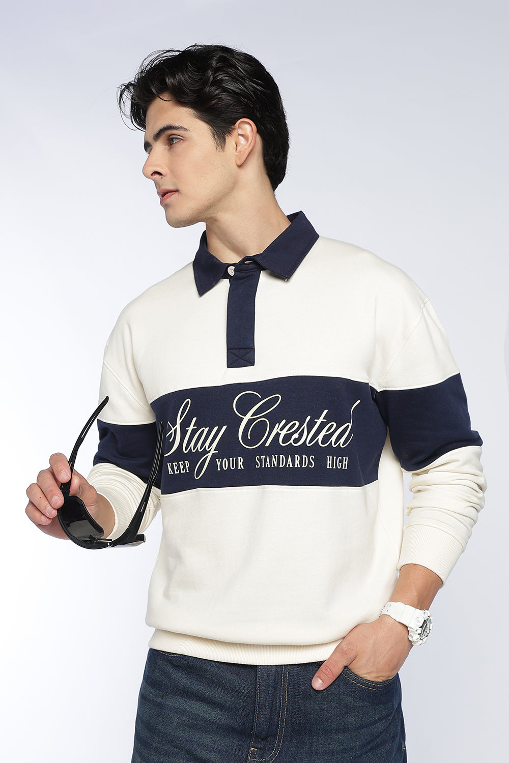 Off White Color Block Regular Fit Sweatshirt For Men - Image 1