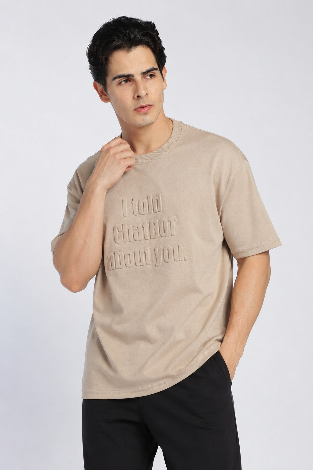 Beige Drop Shoulder Sleeves Relaxed Fit T-Shirt For Men - Image 2