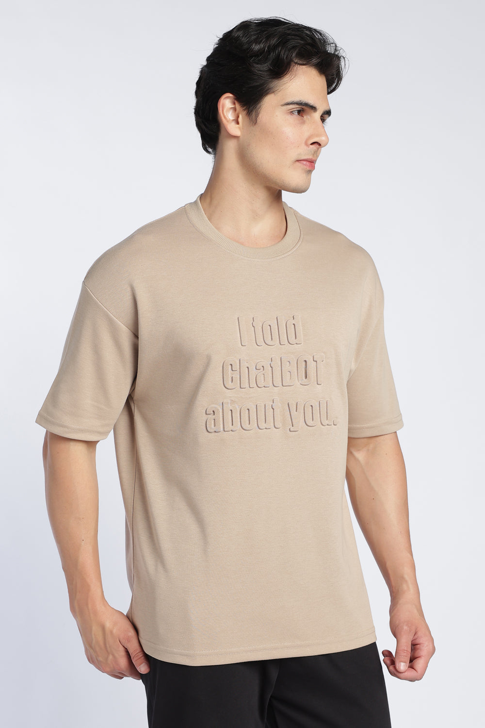 Beige Drop Shoulder Sleeves Relaxed Fit T-Shirt For Men - Image 4