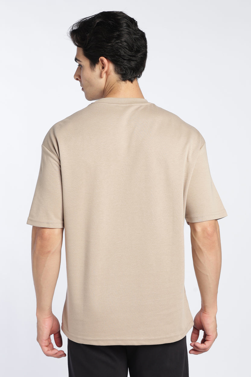 Beige Drop Shoulder Sleeves Relaxed Fit T-Shirt For Men - Image 5