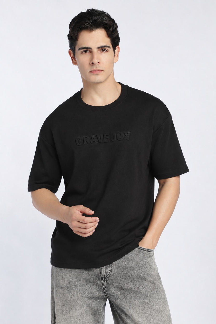 Mens Oversized Black Emboss T-Shirt - Image 2