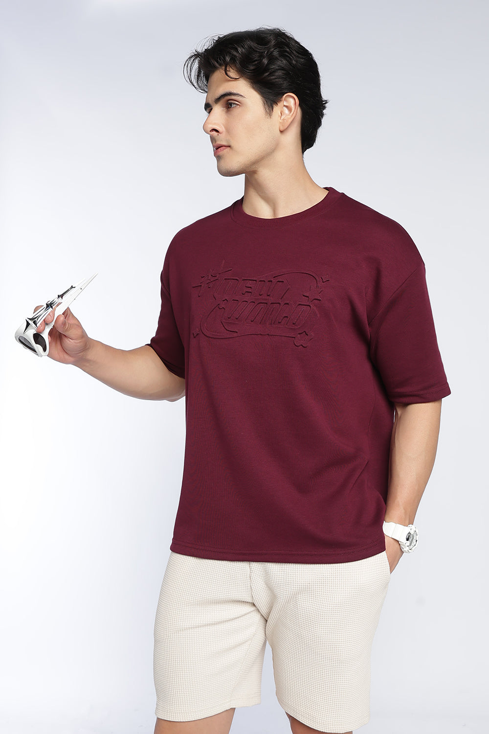 Mens Oversized Maroon Emboss T-Shirt - Image 1