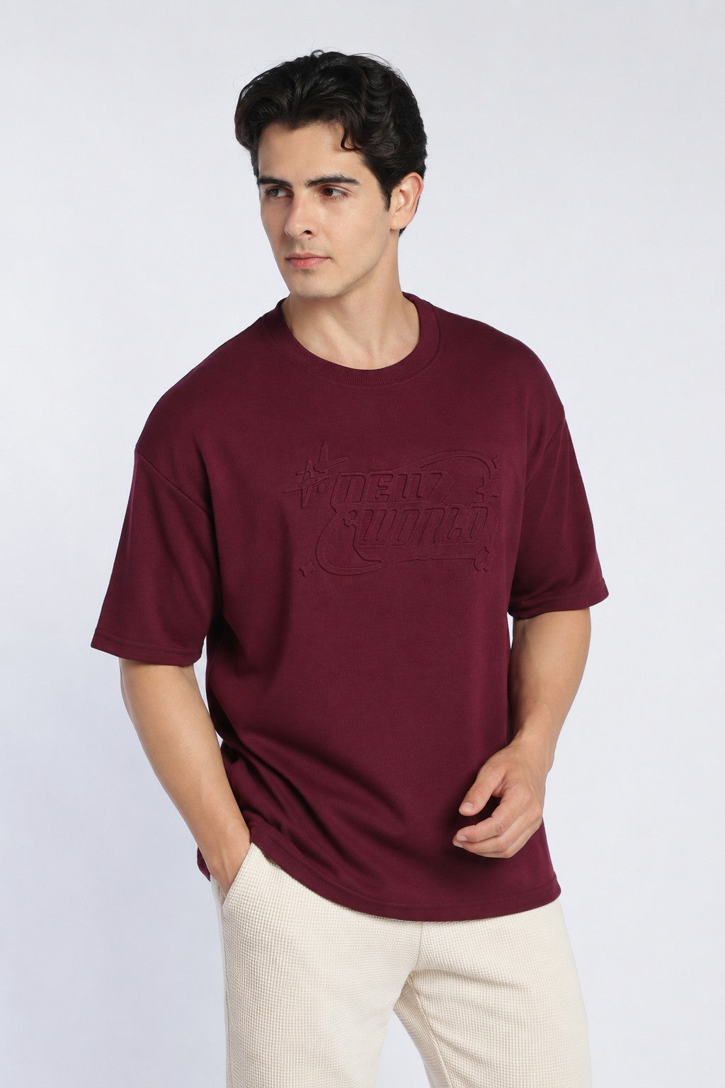 Mens Oversized Maroon Emboss T-Shirt - Image 2