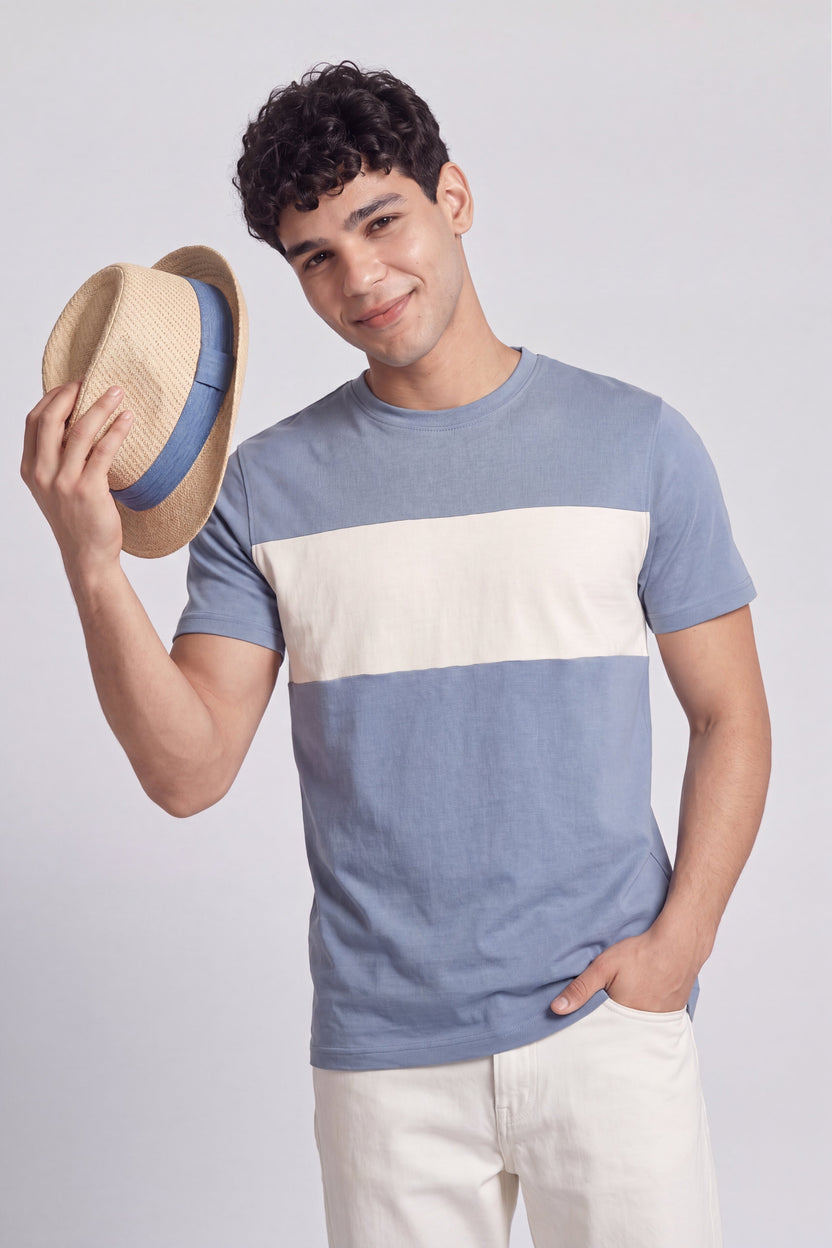 Light Blue Cotton Regular Fit T-Shirt For Men - Image 1
