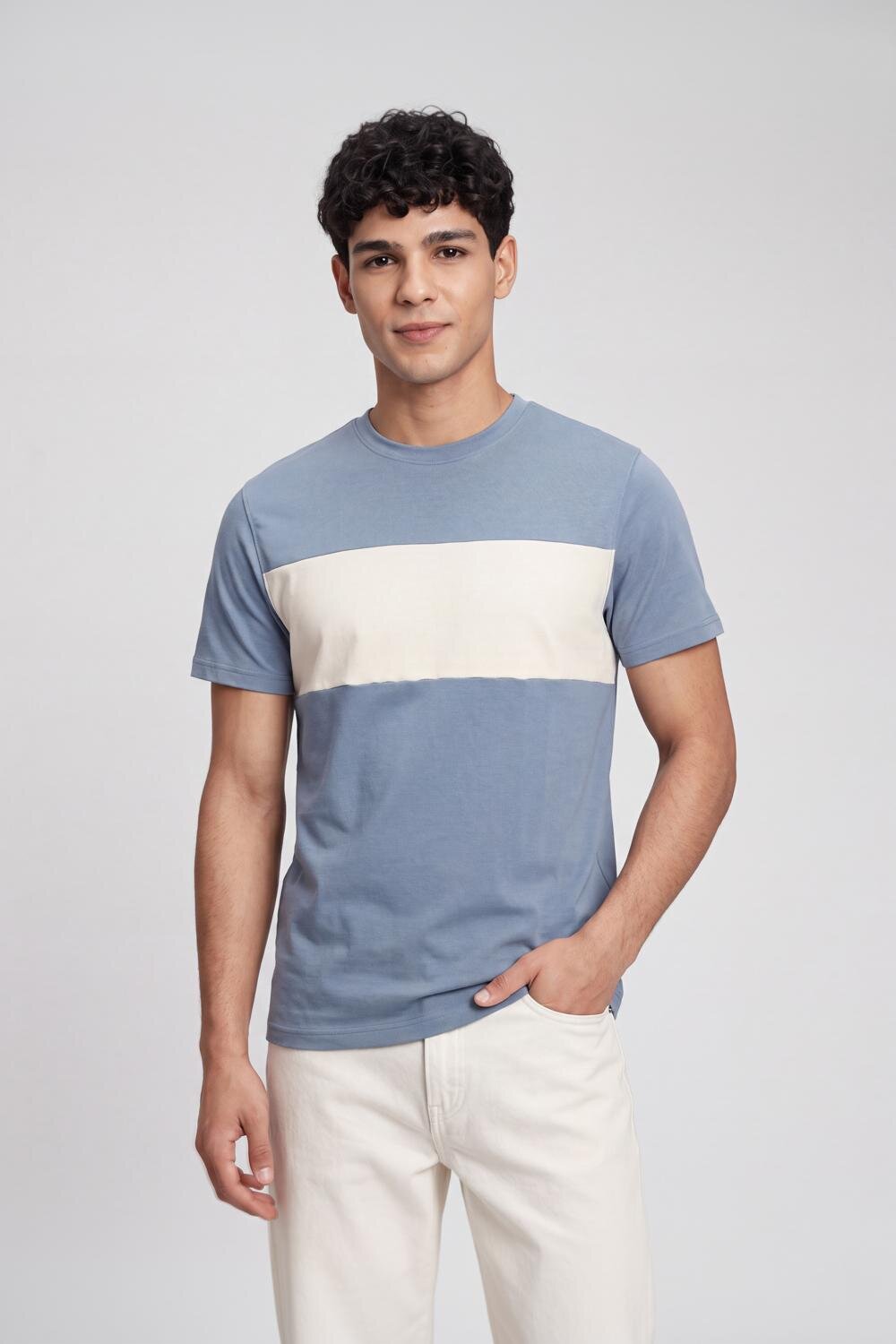 Light Blue Cotton Regular Fit T-Shirt For Men - Image 2