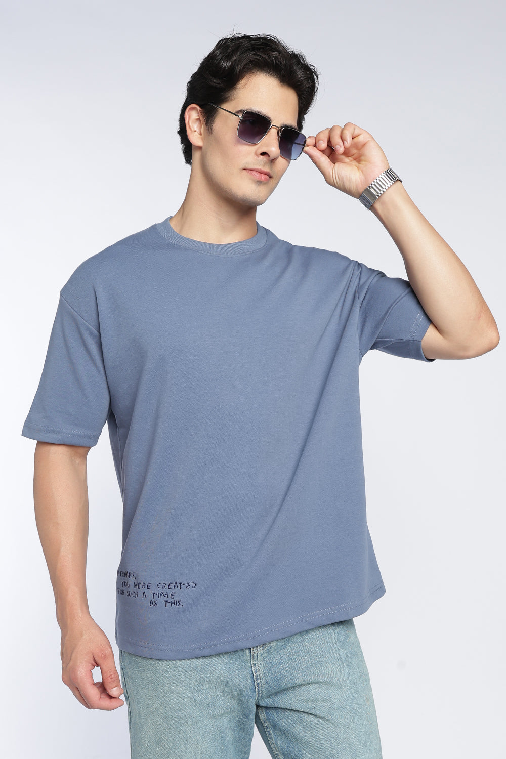 Blue Drop Shoulder Sleeves Boxy Fit T-Shirt For Men - Image 1