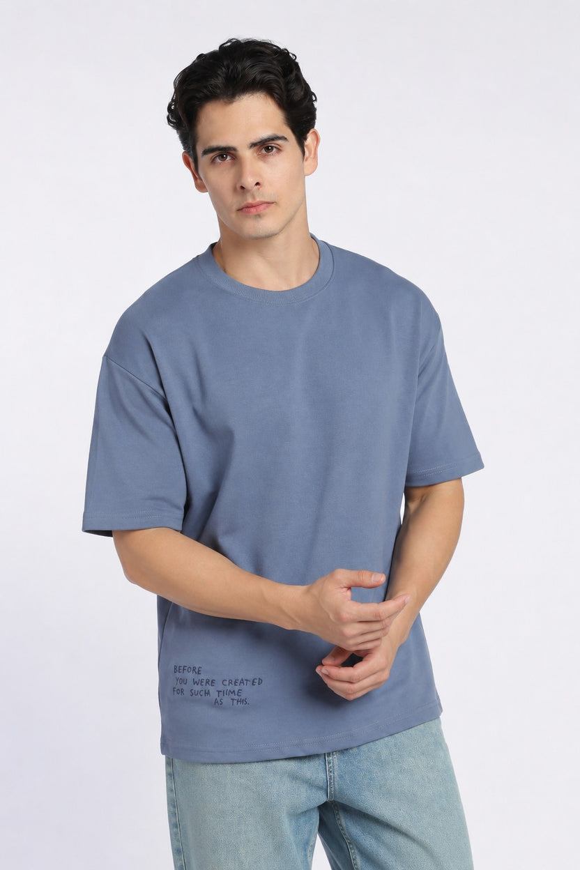 Blue Drop Shoulder Sleeves Boxy Fit T-Shirt For Men - Image 2