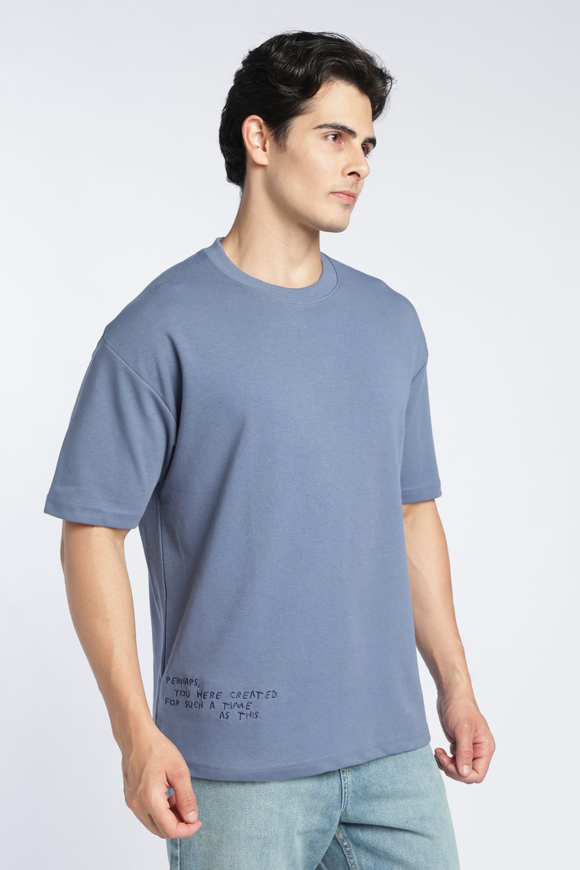 Blue Drop Shoulder Sleeves Boxy Fit T-Shirt For Men - Image 4