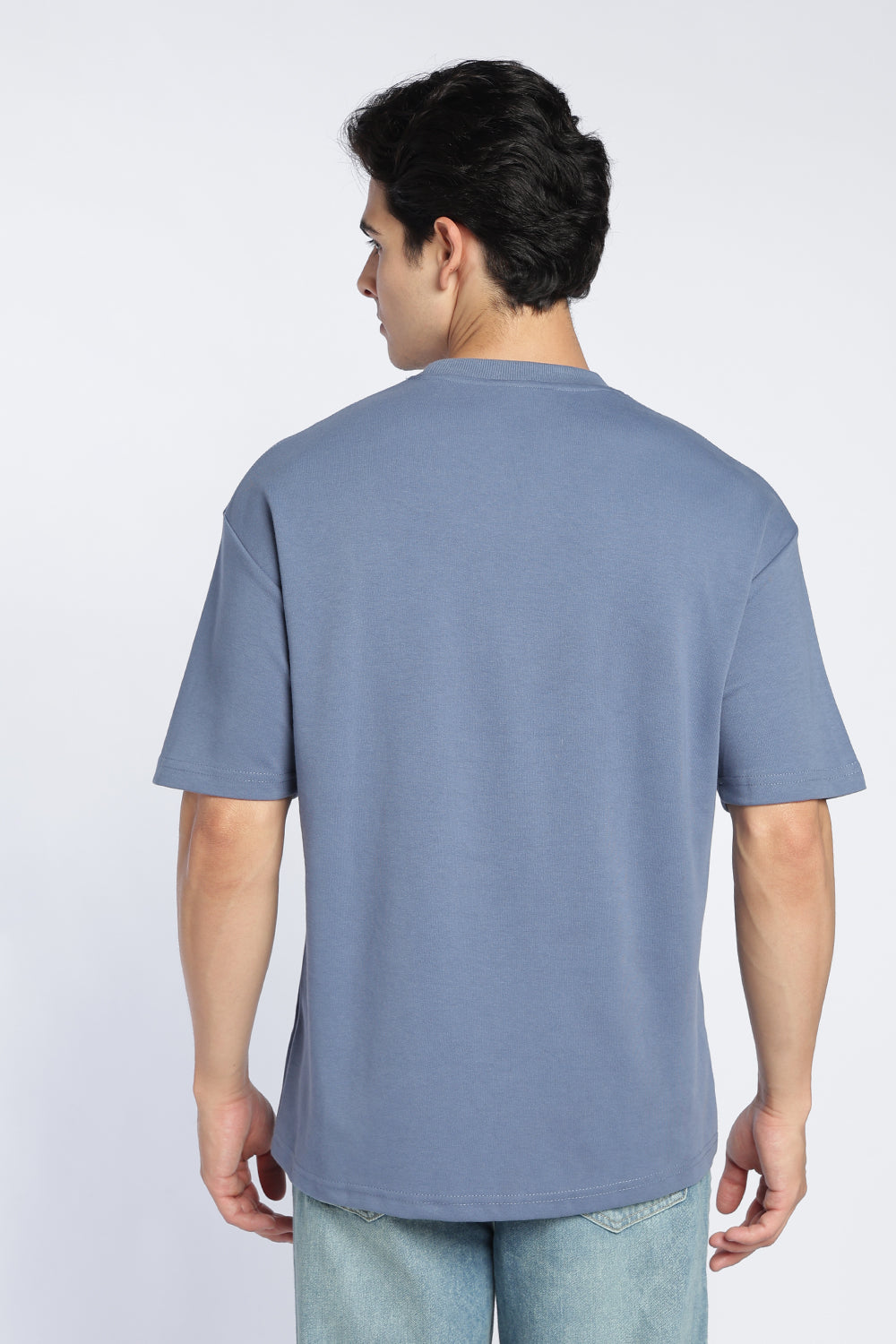 Blue Drop Shoulder Sleeves Boxy Fit T-Shirt For Men - Image 5
