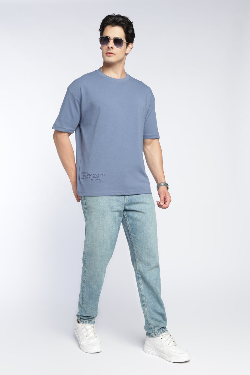 Blue Drop Shoulder Sleeves Boxy Fit T-Shirt For Men - Image 6