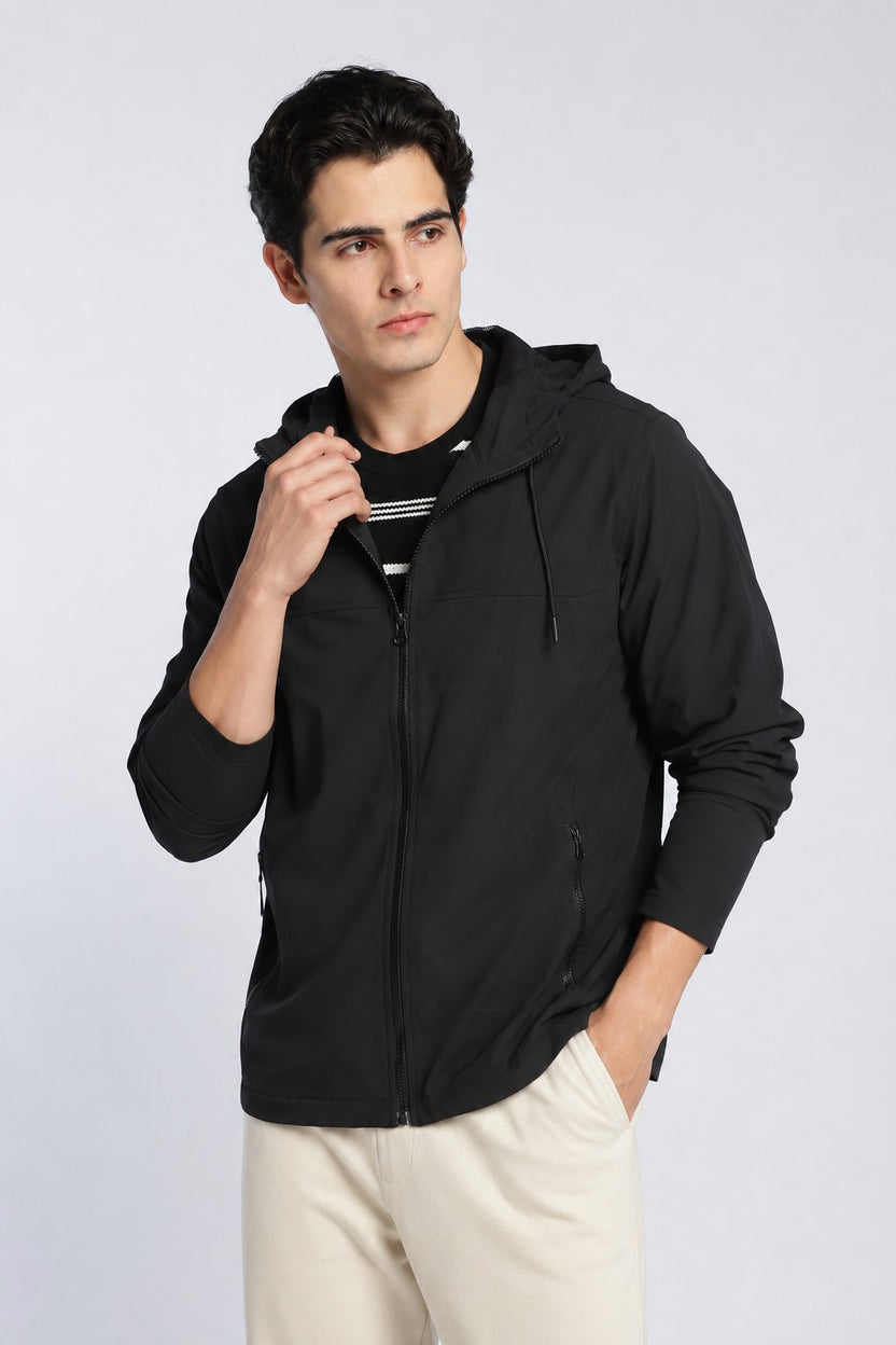 Black Wear Regular Fit Hooded Jacket For Men - Image 2