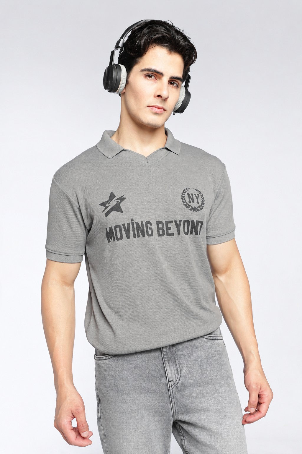 Mens Regular Digital Print Grey Polo - Image 1