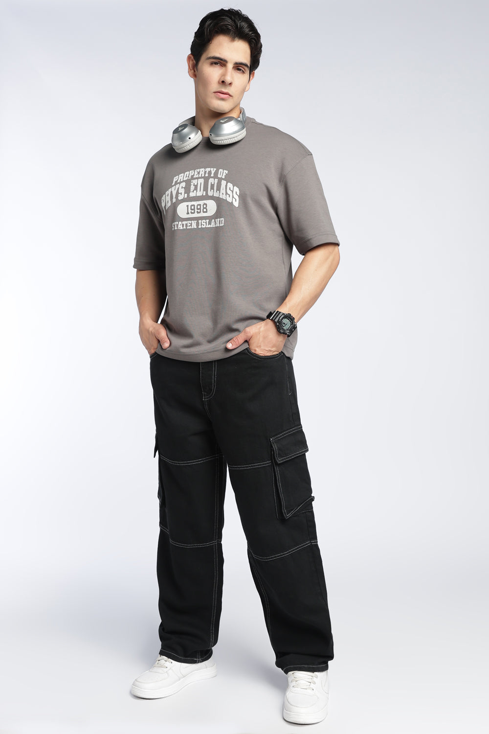 Grey Cotton Blend Boxy Fit T-Shirt For Men - Image 6