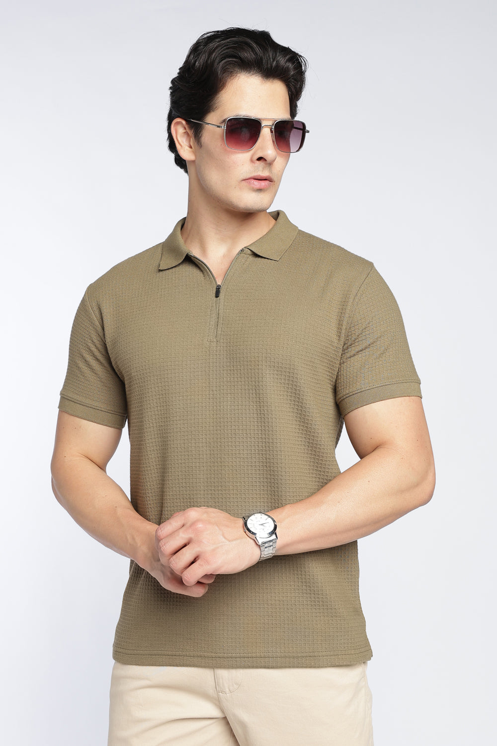 Mens Regular Olive Textured Polo - Image 1