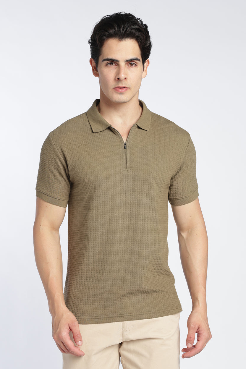Mens Regular Olive Textured Polo - Image 2