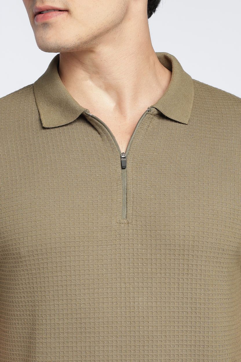 Mens Regular Olive Textured Polo - Image 3