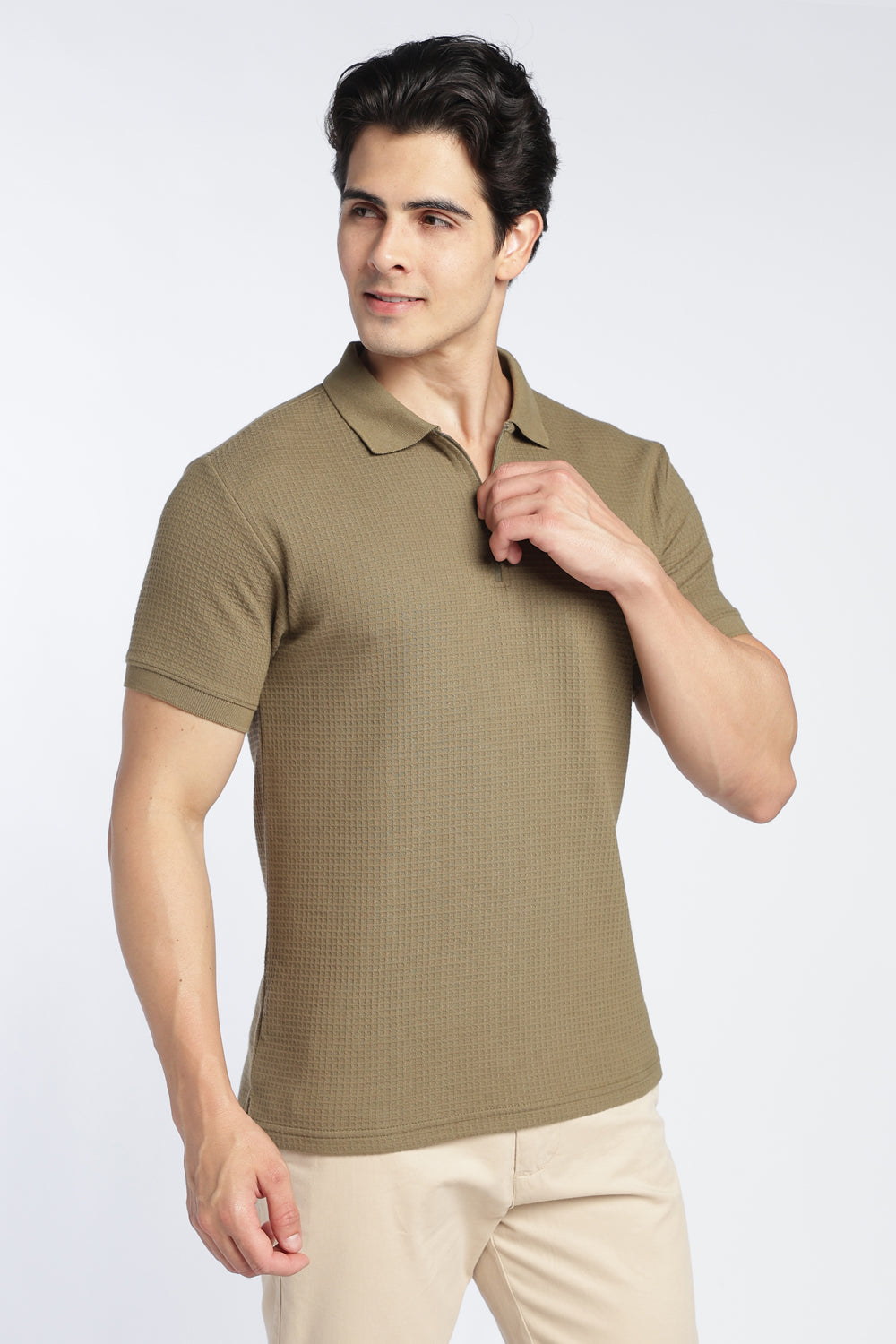 Mens Regular Olive Textured Polo - Image 4