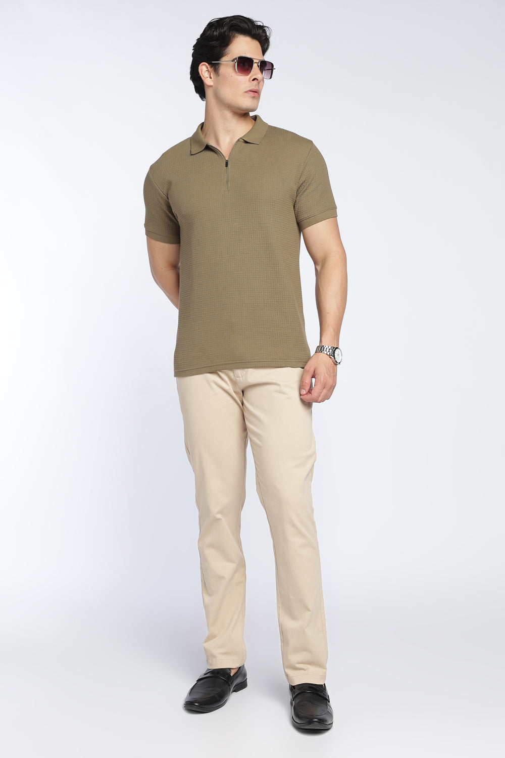 Mens Regular Olive Textured Polo - Image 6