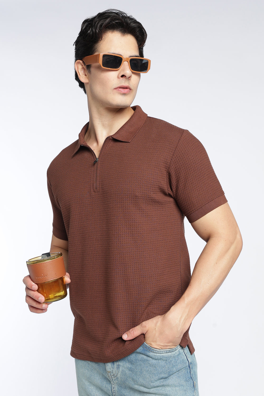 Mens Regular Brown Textured Polo - Image 1