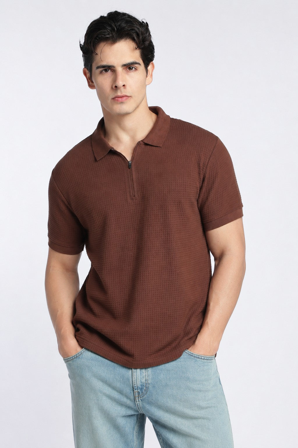 Mens Regular Brown Textured Polo - Image 2