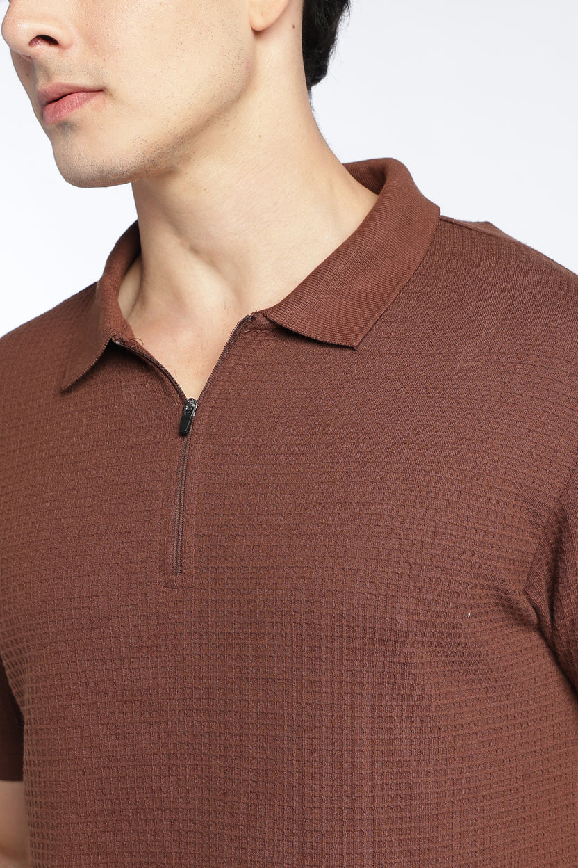 Mens Regular Brown Textured Polo - Image 3