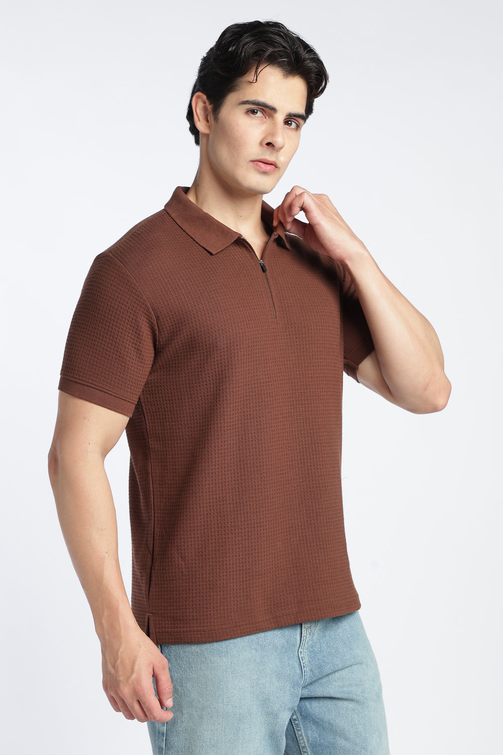 Mens Regular Brown Textured Polo - Image 4