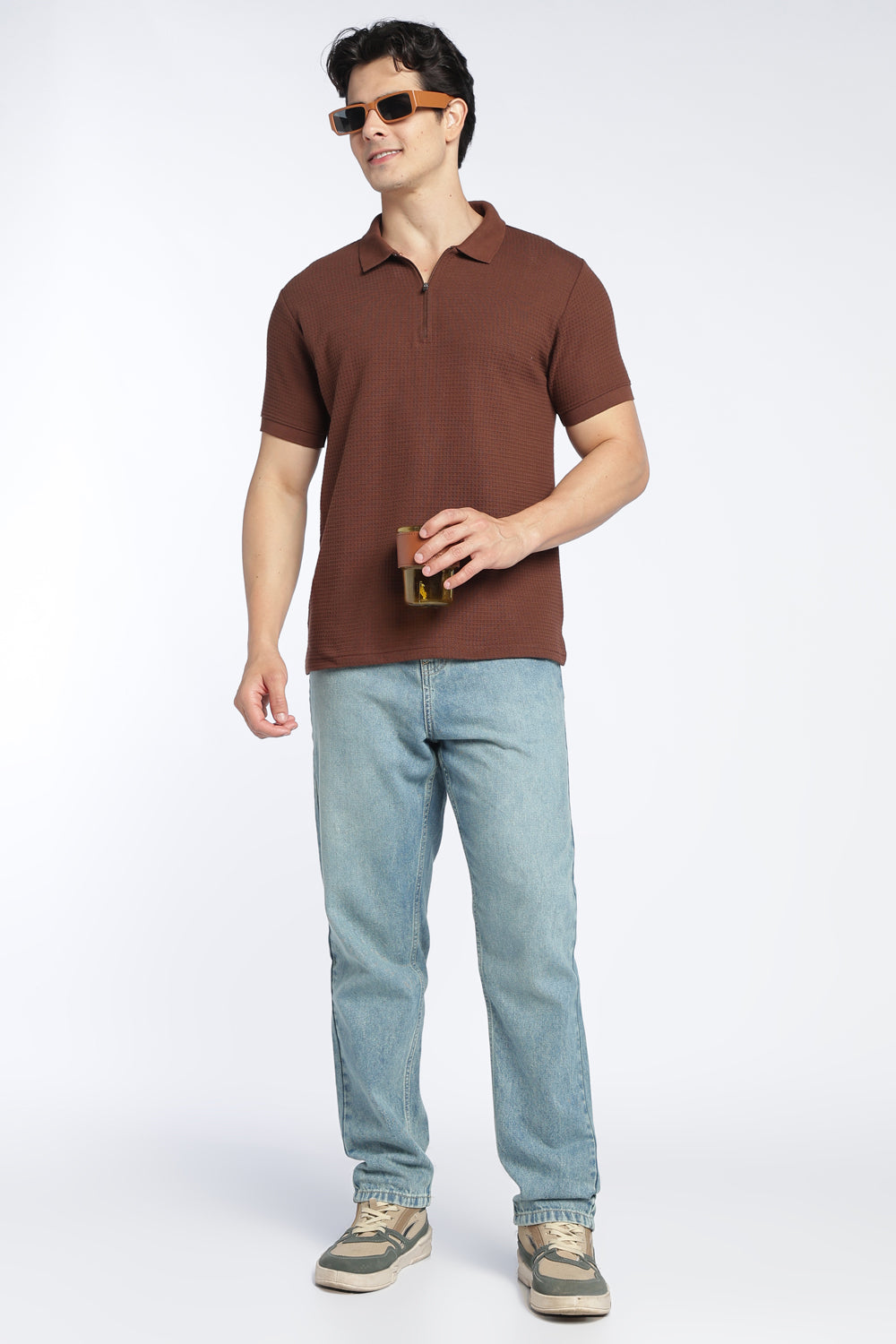 Mens Regular Brown Textured Polo - Image 6