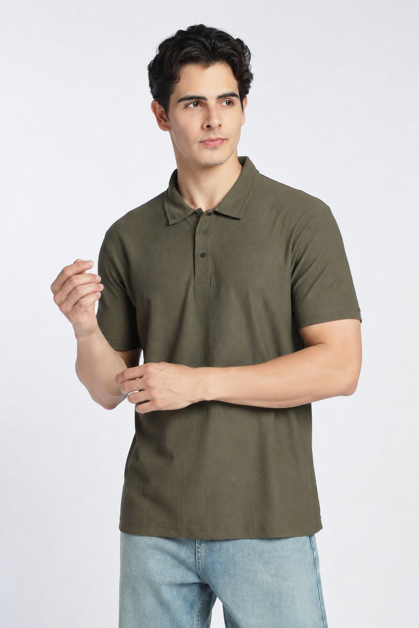 Olive Textured Regular Fit Polo T-Shirt For Men - Image 2