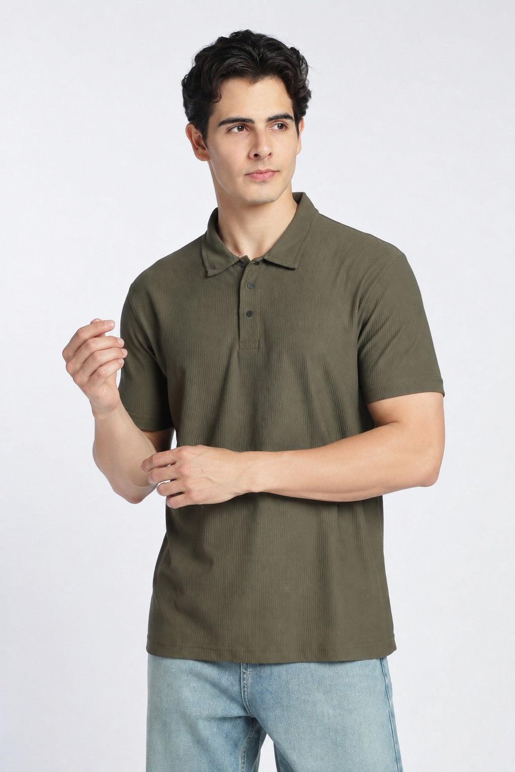 Olive Textured Regular Fit Polo T-Shirt For Men - Image 2