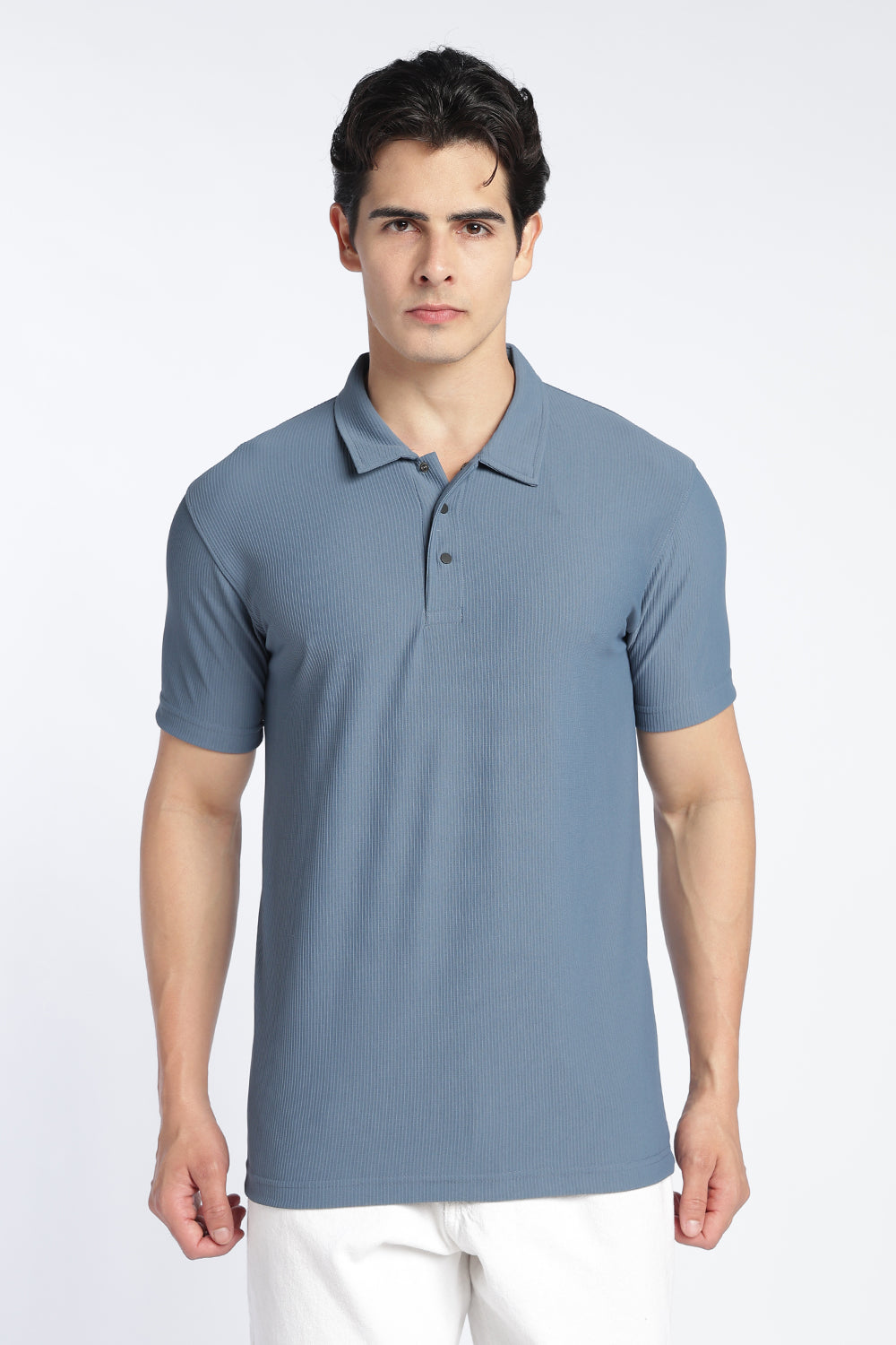 Blue Textured Regular Fit Polo T-Shirt For Men - Image 2