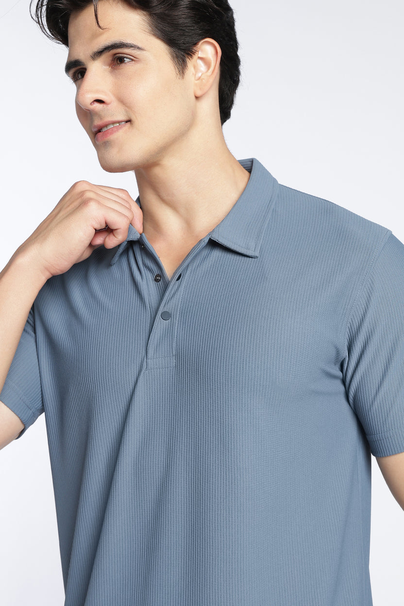 Blue Textured Regular Fit Polo T-Shirt For Men - Image 3