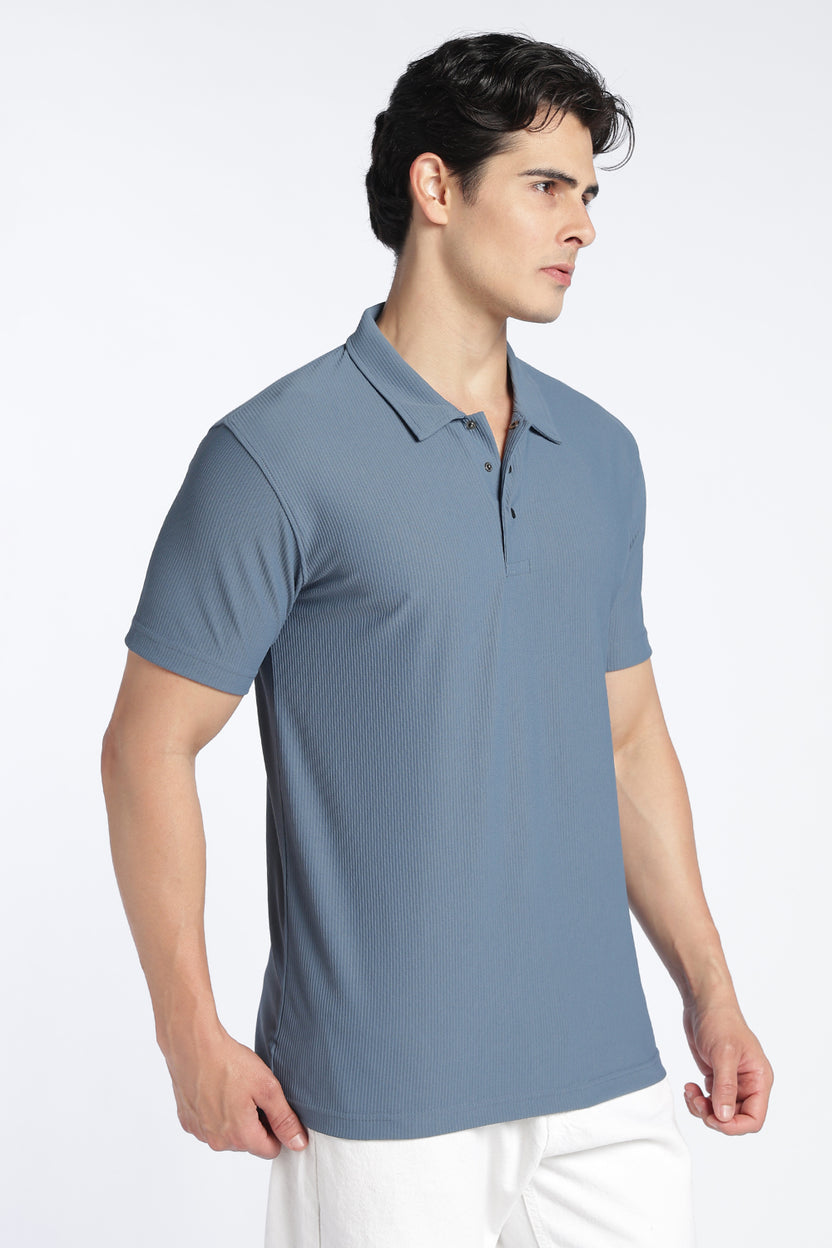 Blue Textured Regular Fit Polo T-Shirt For Men - Image 4