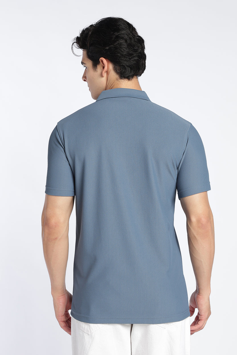 Blue Textured Regular Fit Polo T-Shirt For Men - Image 5