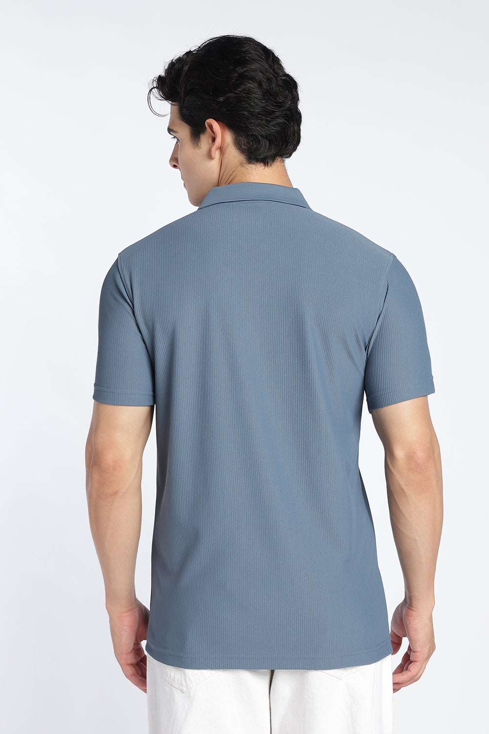 Blue Textured Regular Fit Polo T-Shirt For Men - Image 5
