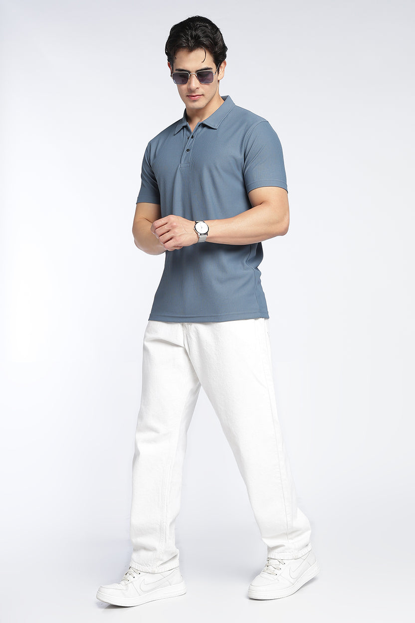 Blue Textured Regular Fit Polo T-Shirt For Men - Image 6