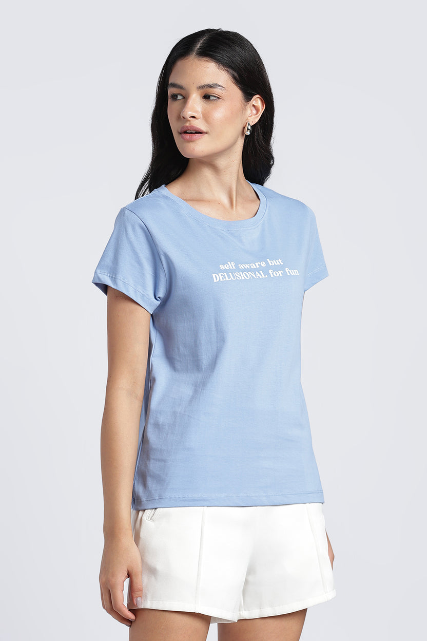 Light Blue Graphic Regular Fit T-Shirt For Women - Image 4