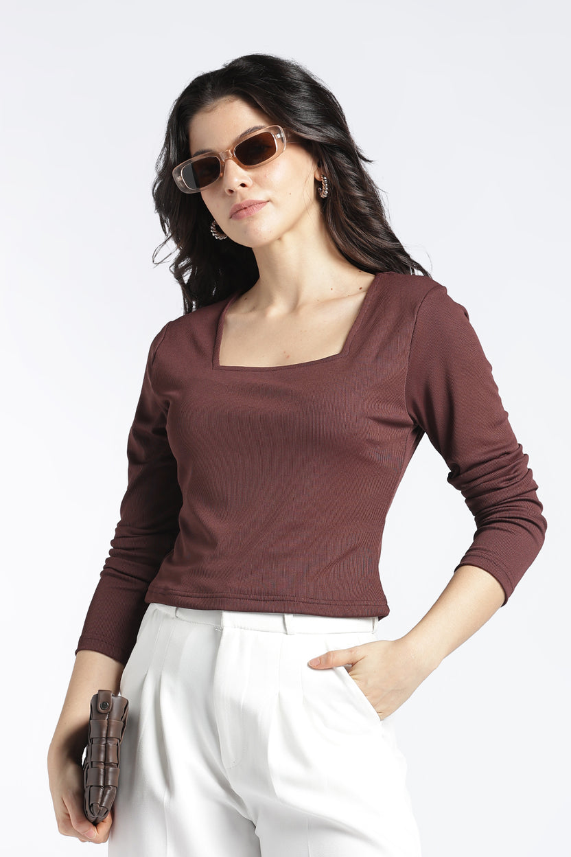 Brown Slim Fit Crop Top For Women - Image 1