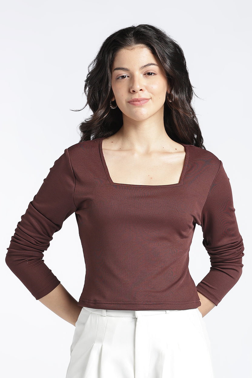 Brown Slim Fit Crop Top For Women - Image 2