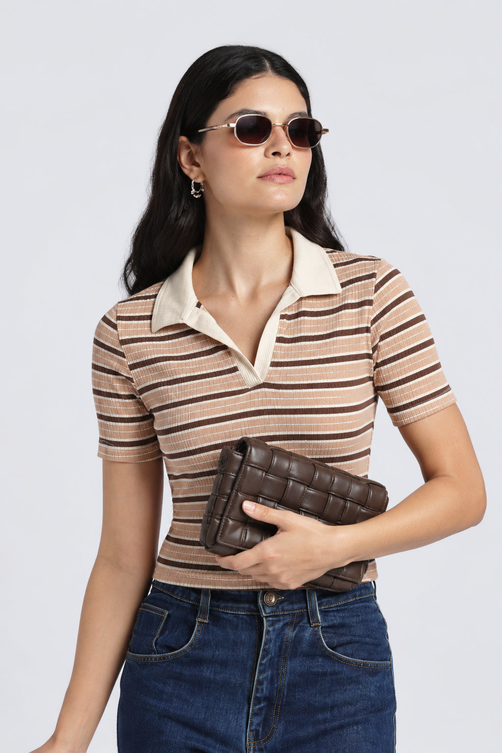 Brown Stripes Slim Fit Top For Women - Image 1