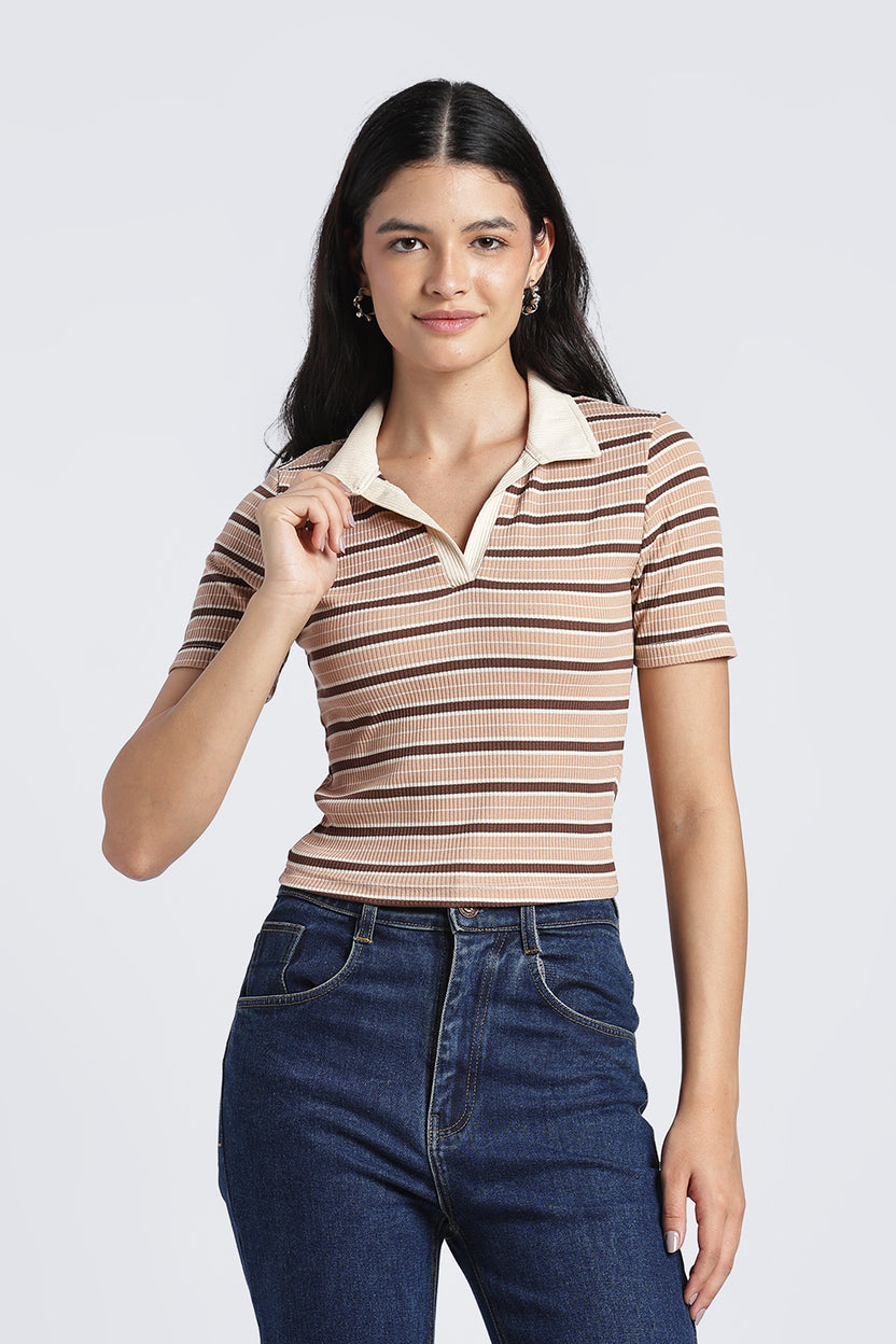 Brown Stripes Slim Fit Top For Women - Image 2