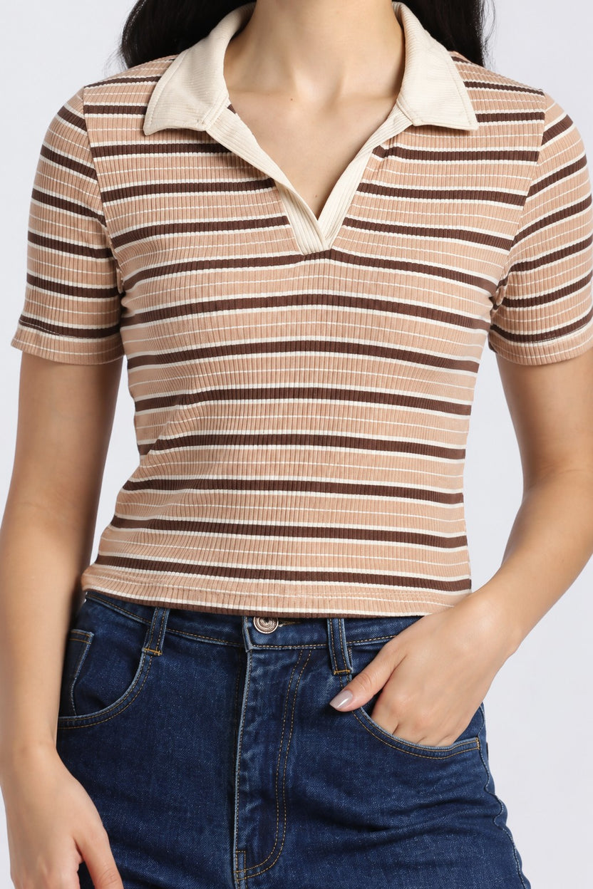 Brown Stripes Slim Fit Top For Women - Image 3