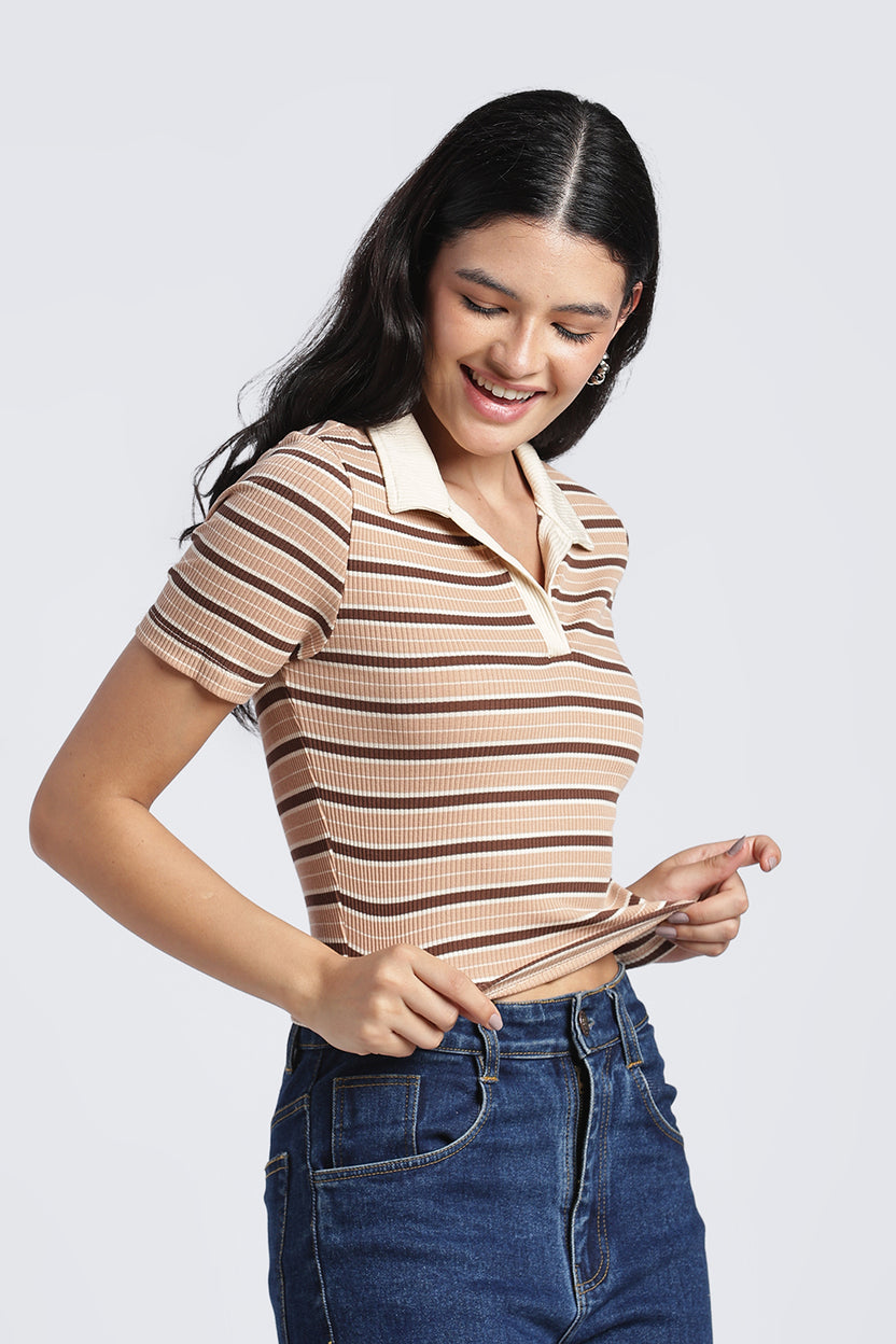 Brown Stripes Slim Fit Top For Women - Image 4