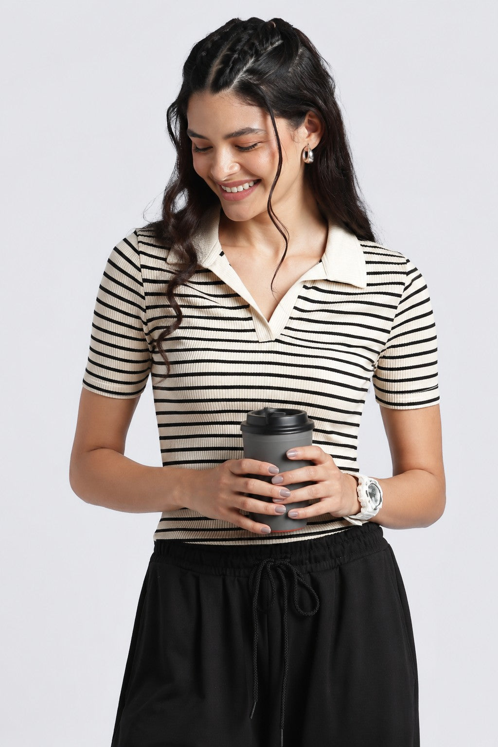 Beige Stripes Slim Fit Top For Women - Image 1
